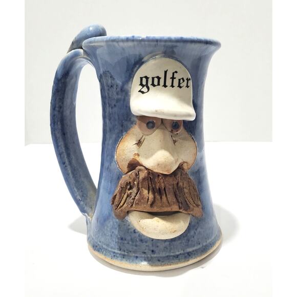 Vtg 3D Blue Coffee Mug Mustache Man Golfer Hat XL Stoneware Pottery Glaze Funny - Picture 1 of 16